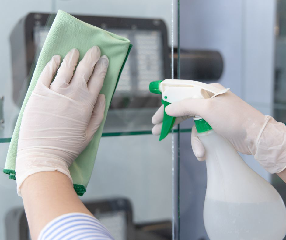 A person in white gloves spraying and wiping a glass shelf, demonstrating house cleaning services by Orange Cleaning Services in Stamford, CT.
