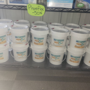 Buckets of Phosfloc pool chemical for water treatment at Pool Queen in Fairmont, WV.