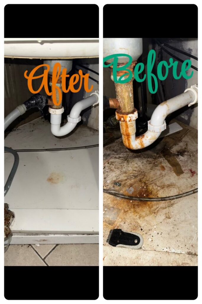 Before and after cleaning of rusty pipes and floor under a sink by The Blake Experience Cleaning Service in Albany, NY.
