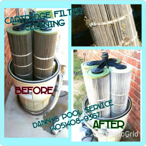 Before and after photos of dirty and clean pool cartridge filters by Danny's Pool Service in Stillwater, OK.