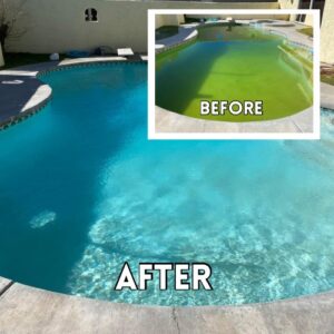 A before and after comparison showing a dirty pool transformed into a sparkling clean pool by Bright Side Pool Service LLC in Broken Arrow, OK.