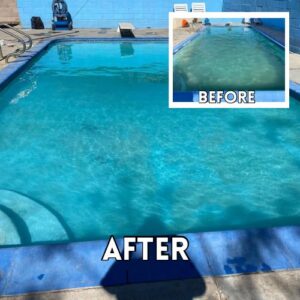 A before and after view of a pool cleaning transformation by Bright Side Pool Service LLC in Broken Arrow, OK.