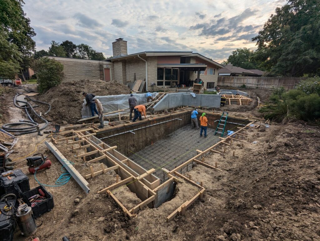 Pool construction in progress with rebar and concrete forms, demonstrating work by Acapulco Pool and Spa LLC in Los Angeles, CA