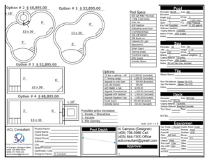 Detailed pool design plans with multiple options and specifications by ACL Consultant in Edmond, OK