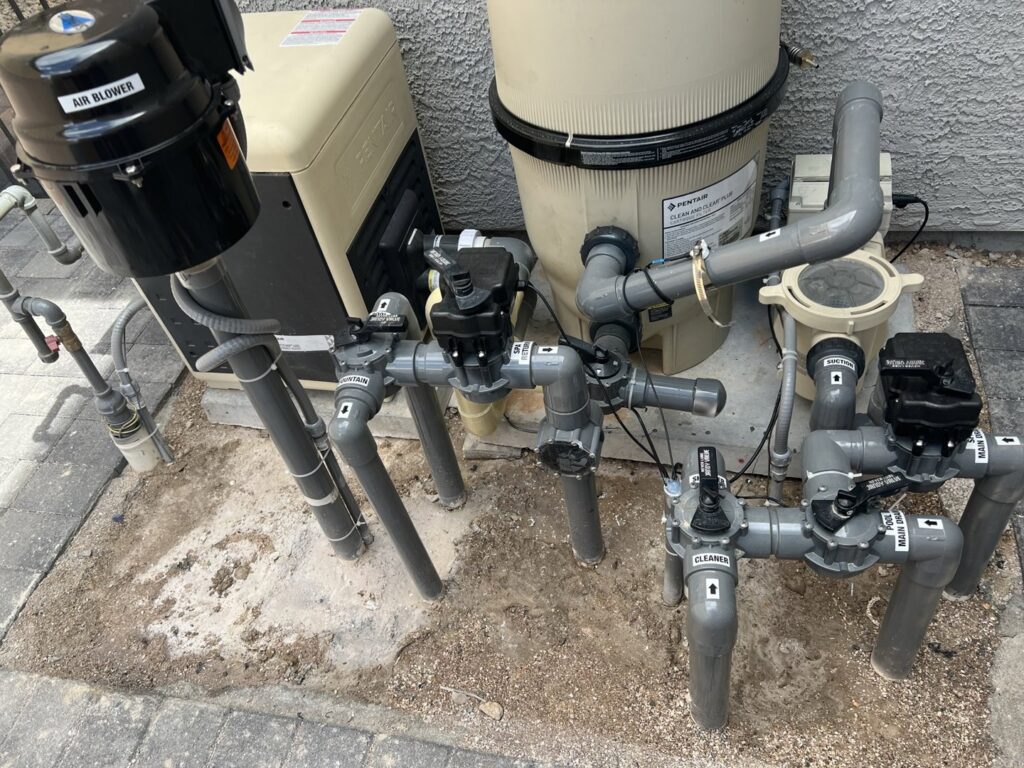 Essential pool equipment including a pump, filter, and plumbing installed by Greencare.net POOL Builder in Las Vegas, NV