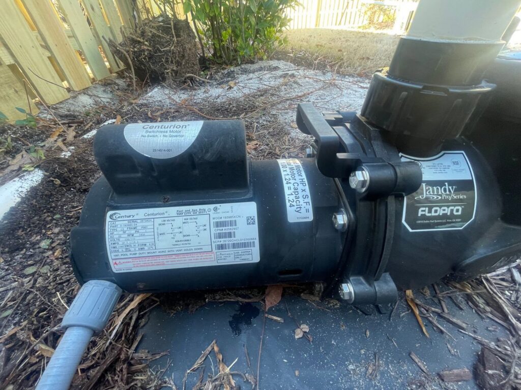 A pool pump motor, indicating maintenance services provided by Pool Services of Wilmington in Wilmington, NC.