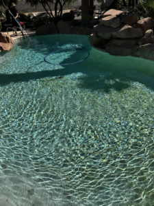A pool technician actively cleaning a residential pool with a vacuum hose for AquaMac Pool Cleaning Service LLC in Reno, NV.