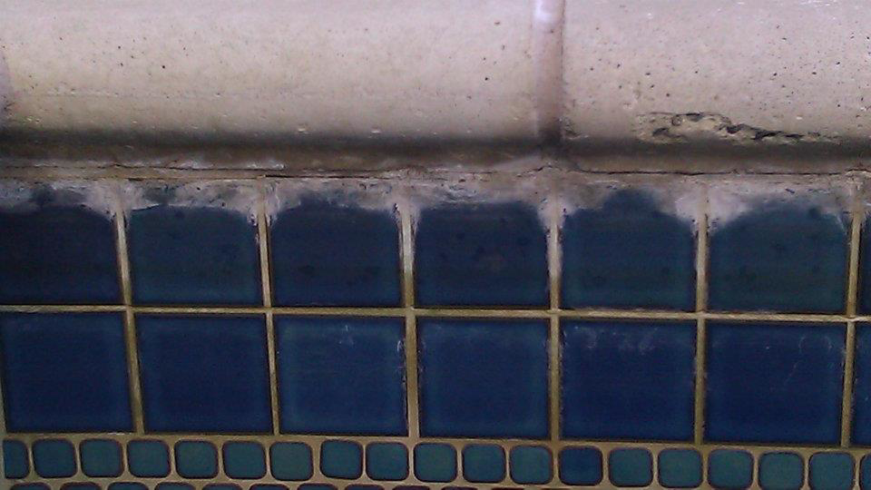 Close-up of pool tiles with calcium buildup, a common issue addressed by Fresh & Clear Pool Service Inc. in Henderson, NV.