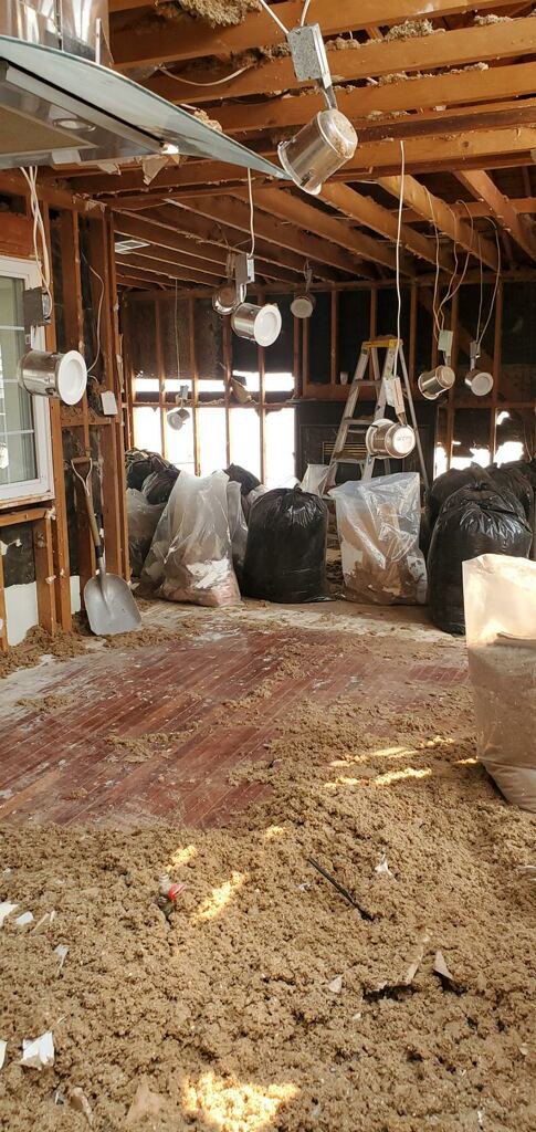 A room stripped to studs with insulation debris on the floor after water damage remediation by Bordi Restoration in San Leandro, CA