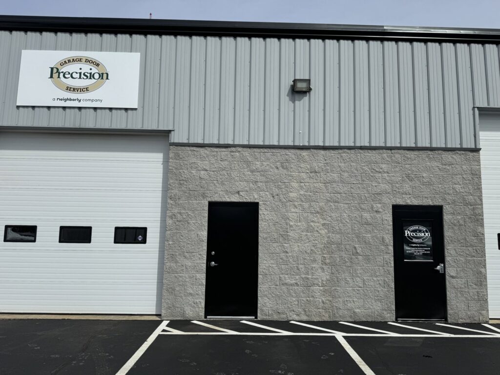 Exterior view of the Precision Garage Door Service of NC building with garage doors in Morrisville, NC.