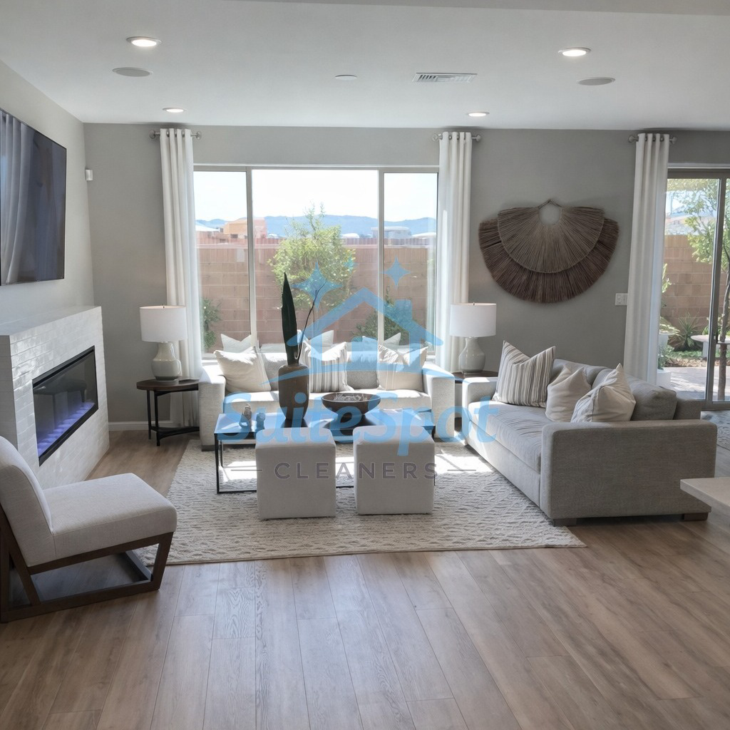 A pristine and tidy living room, reflecting the excellent house cleaning service from SuiteSpot Cleaners in Las Vegas, NV.