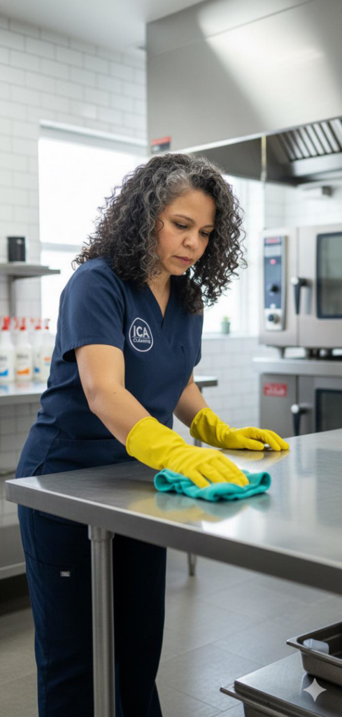 A professional cleaner from ICA Cleaning in Vancouver, WA, meticulously wiping a stainless steel kitchen counter.