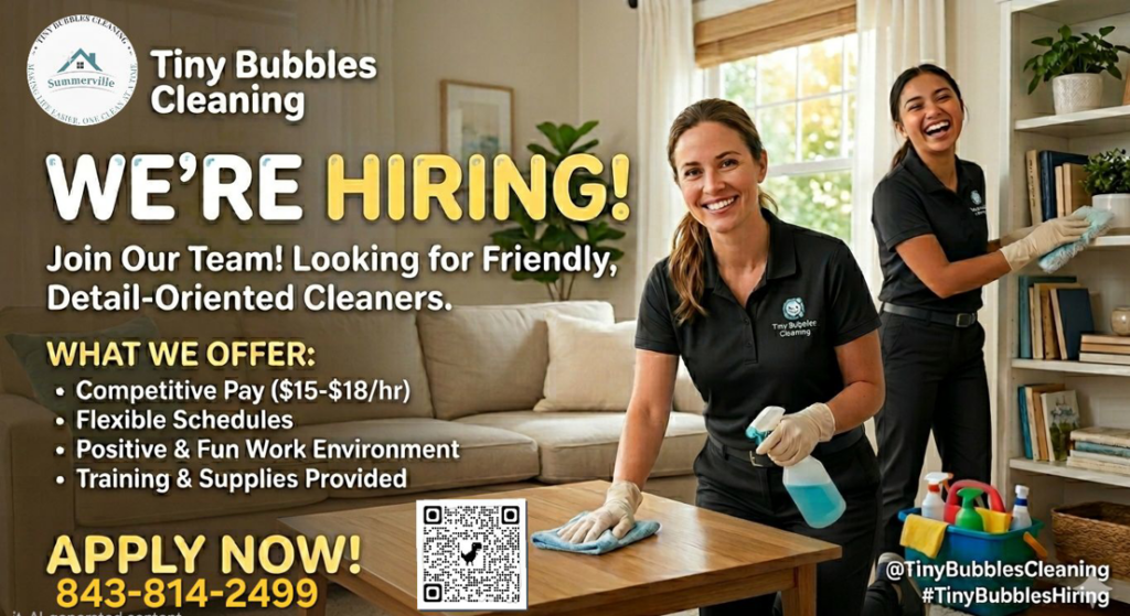 Two professional cleaners from Tiny Bubbles Cleaning dusting shelves and wiping surfaces in Summerville, SC.