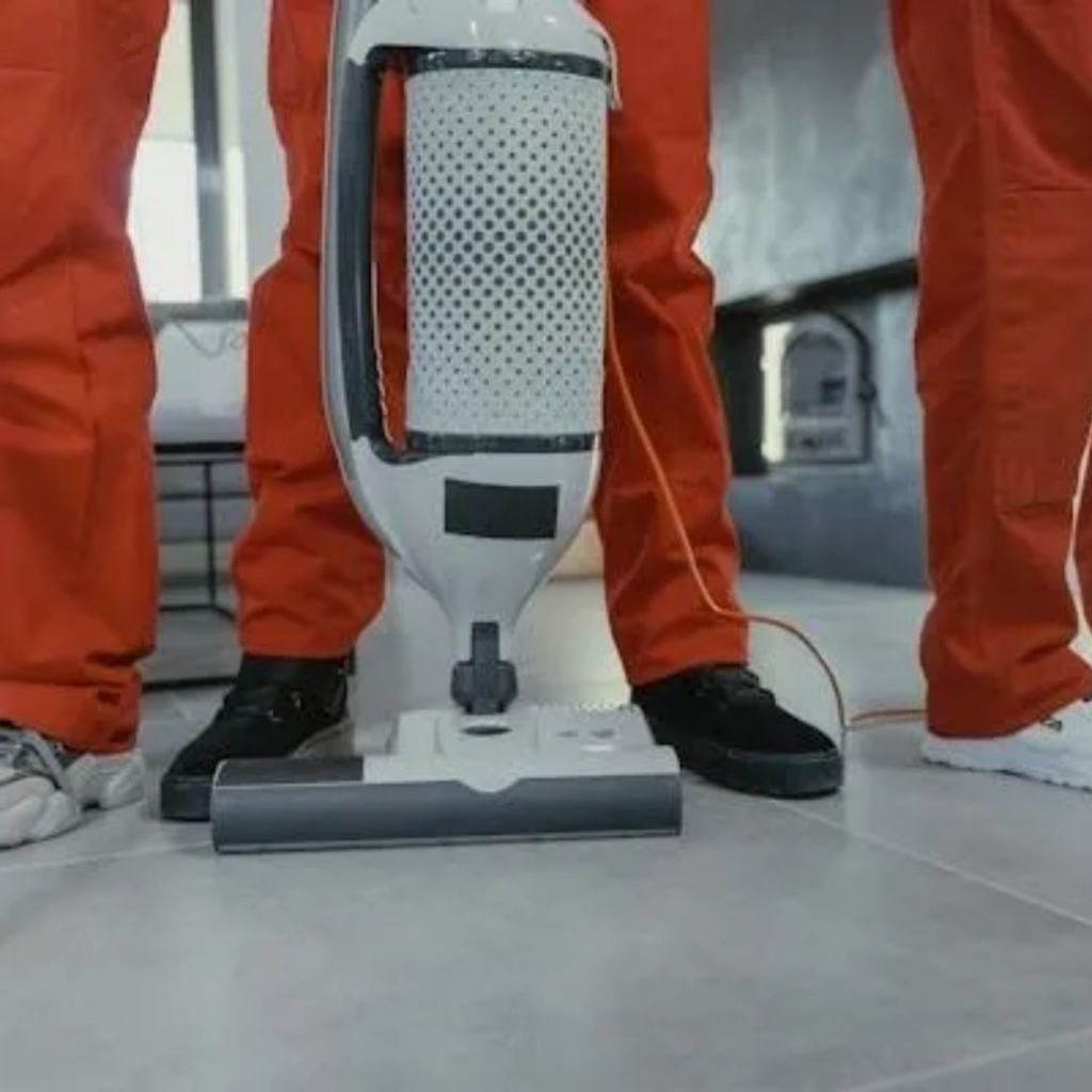 Professional cleaners in orange uniforms using an upright vacuum cleaner on a tiled floor for Clean Home Nash in Nashville, TN.