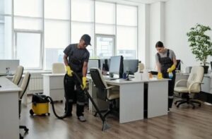 Professional cleaners vacuuming and wiping desks in an office space, provided by Stella's Professional Cleaning LLC in Wilmington, NC.