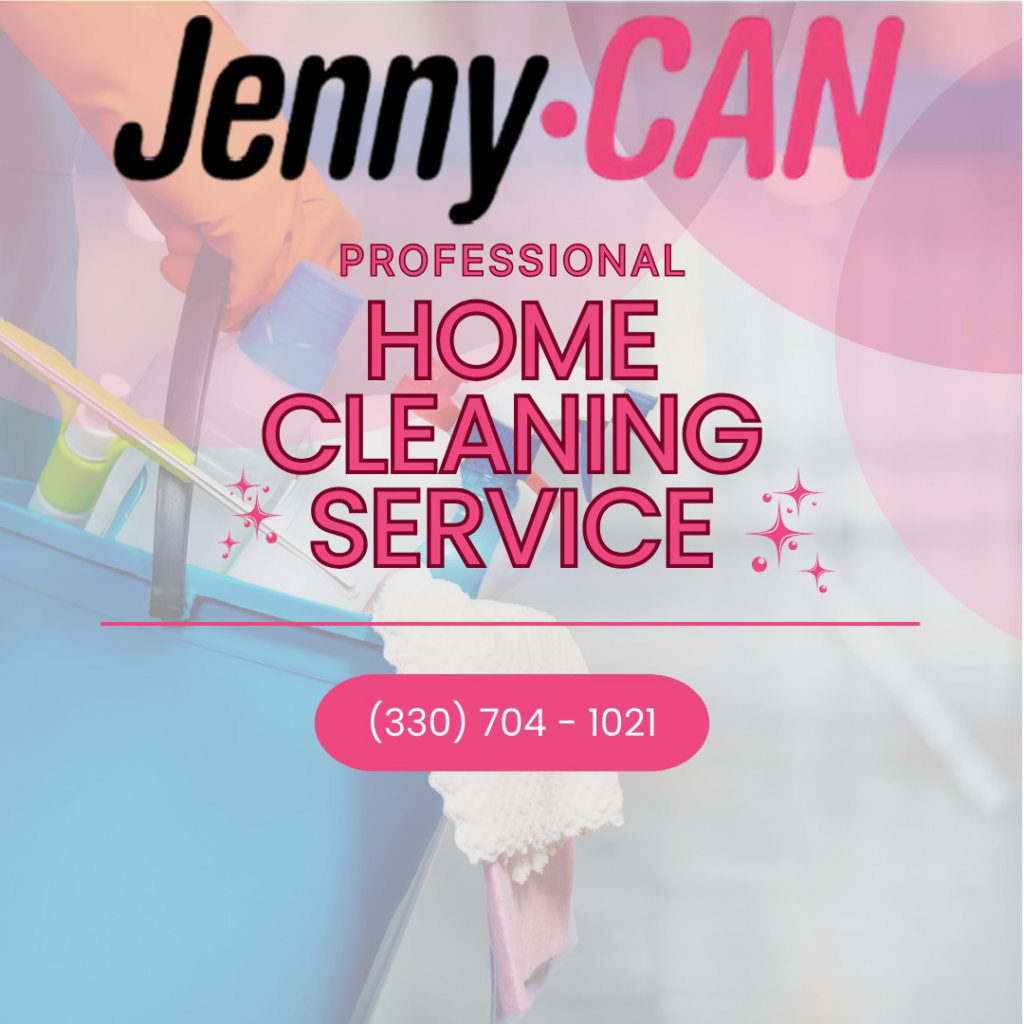 A professional home cleaner wearing gloves and holding cleaning tools for Jenny Can Cleaning Company in Canton, OH