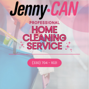 A professional home cleaner wearing gloves and holding cleaning tools for Jenny Can Cleaning Company in Canton, OH