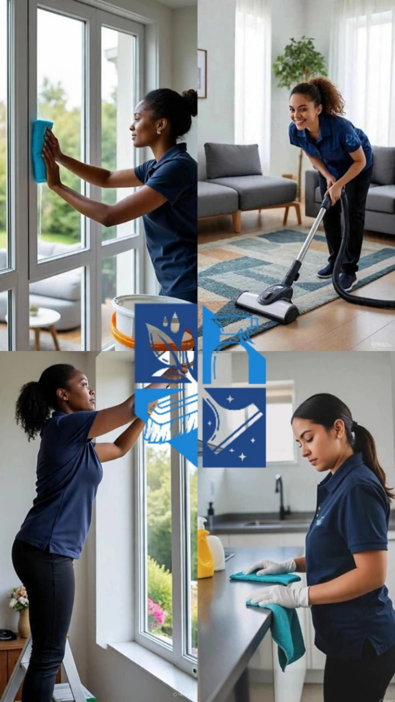 House cleaners in uniform performing window cleaning, vacuuming, and counter wiping for Premier Home Cleaning Co., Colorado Springs, CO.