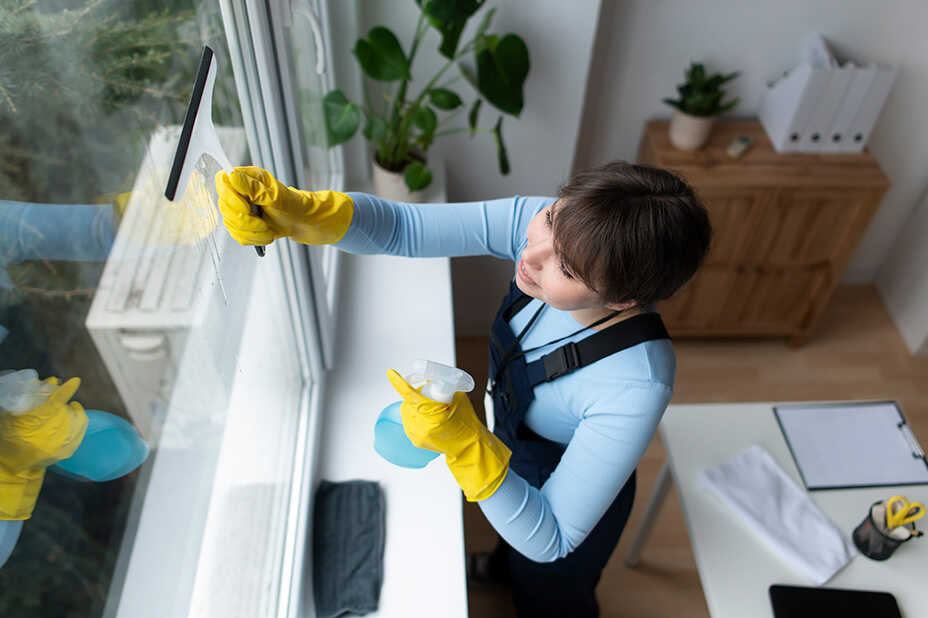 A professional cleaner in yellow gloves cleaning a window with a squeegee and spray for PAP-Cleaning Services in Fort Lauderdale, FL.