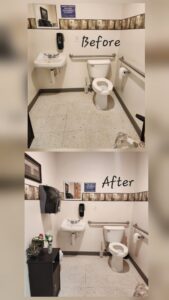 A public restroom before and after comprehensive cleaning by Wisconsin Cleaners LLC in Green Bay, WI.