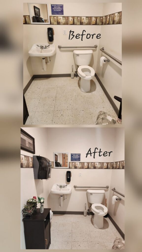 A public restroom before and after comprehensive cleaning by Wisconsin Cleaners LLC in Green Bay, WI.