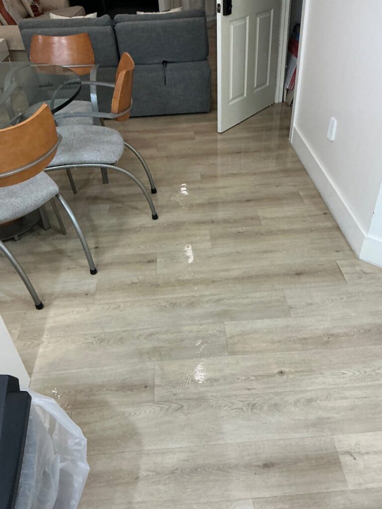Puddles of water visible on a laminate floor in a residential dining area, indicating water damage, by PuroClean of Hilton Head in Bluffton, SC.