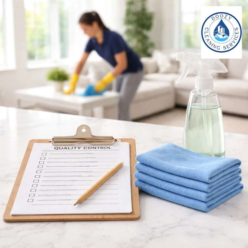 A quality control checklist and cleaning supplies on a counter for Doozy Cleaning Services in Denver, CO.