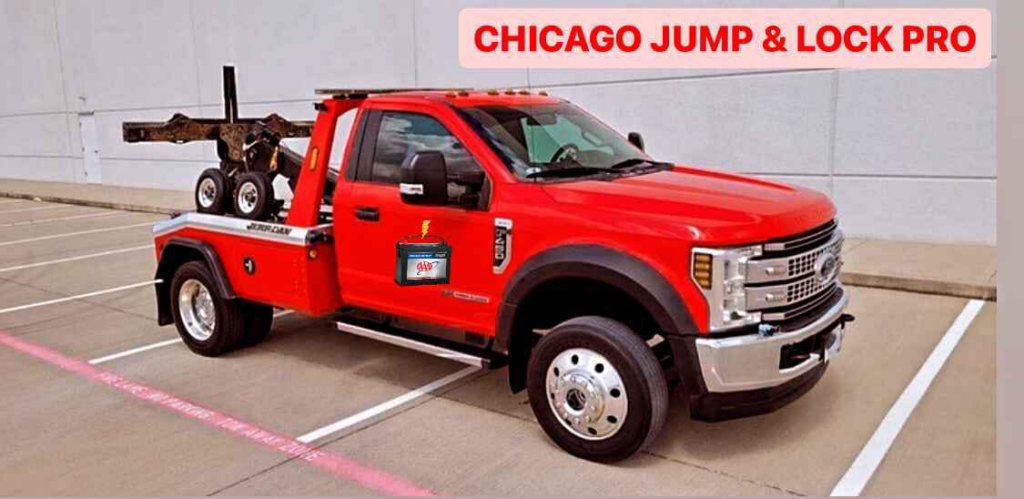 A red tow truck from Chicago Jump & Lock Pro parked in Chicago, IL, ready for towing services.