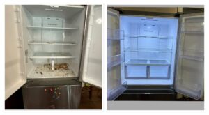 Before and after comparison of a refrigerator interior after a deep cleaning by KDG Decluttering in Manchester, NH.