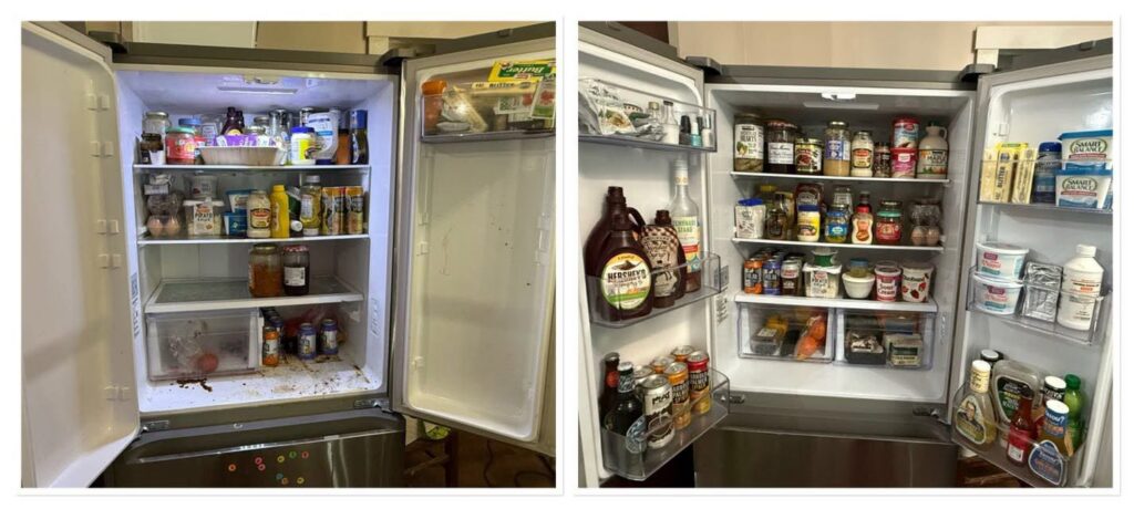 Before and after comparison of a refrigerator interior after organizing by KDG Decluttering in Manchester, NH.