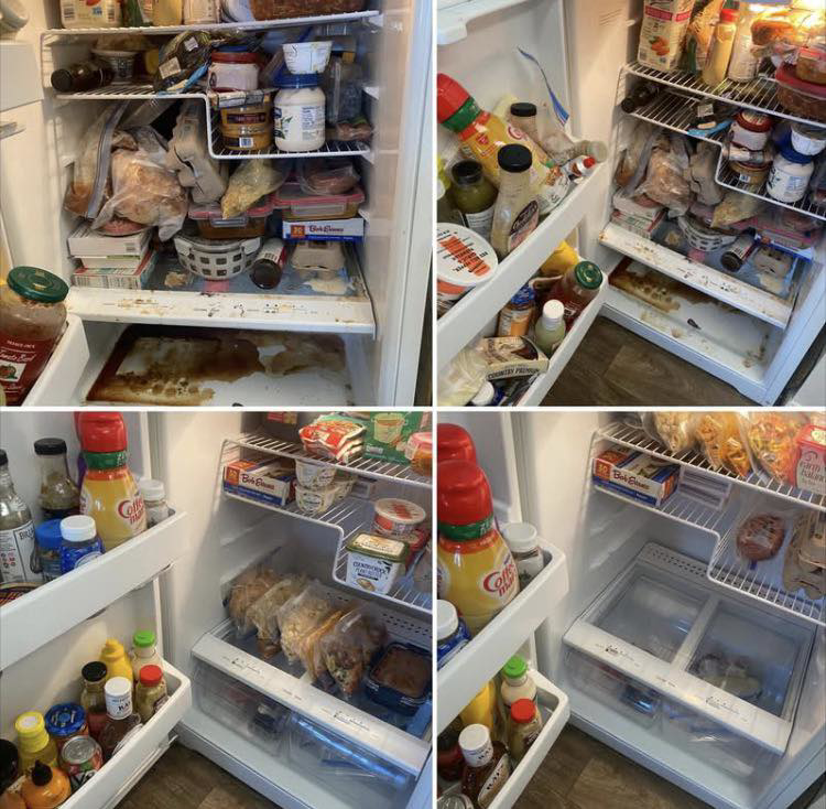 Before and after comparison of a refrigerator deep cleaned and organized by Wipe Away LLC in Indianapolis, IN