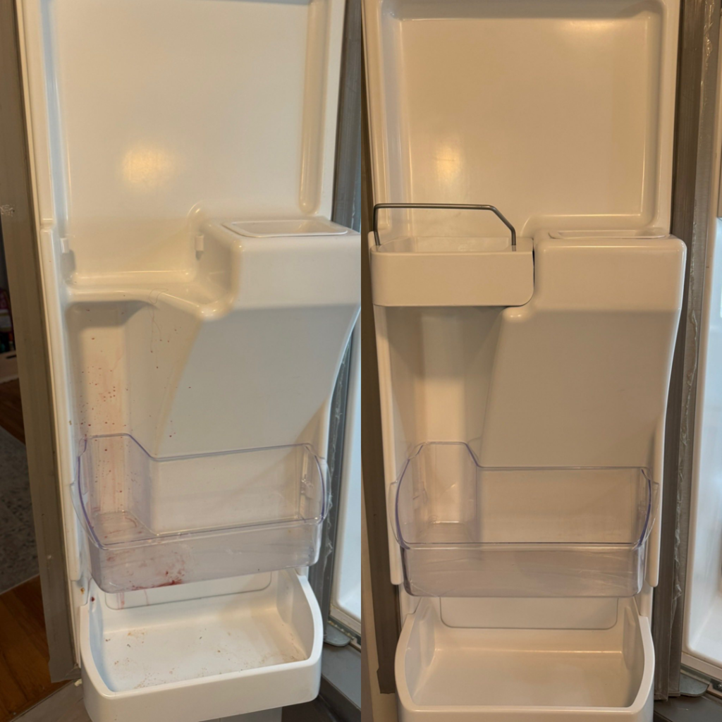 Before and after comparison of a refrigerator door interior, showing sparkling clean shelves by GentleNest Home Cleaning in Livonia, MI.