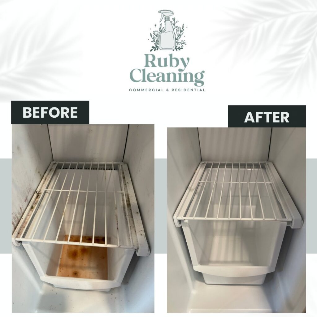 Before and after comparison of a refrigerator drawer cleaned by Ruby Cleaning in Lafayette, LA, showcasing deep cleaning.