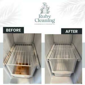 Before and after comparison of a refrigerator drawer cleaned by Ruby Cleaning in Lafayette, LA, showcasing deep cleaning.