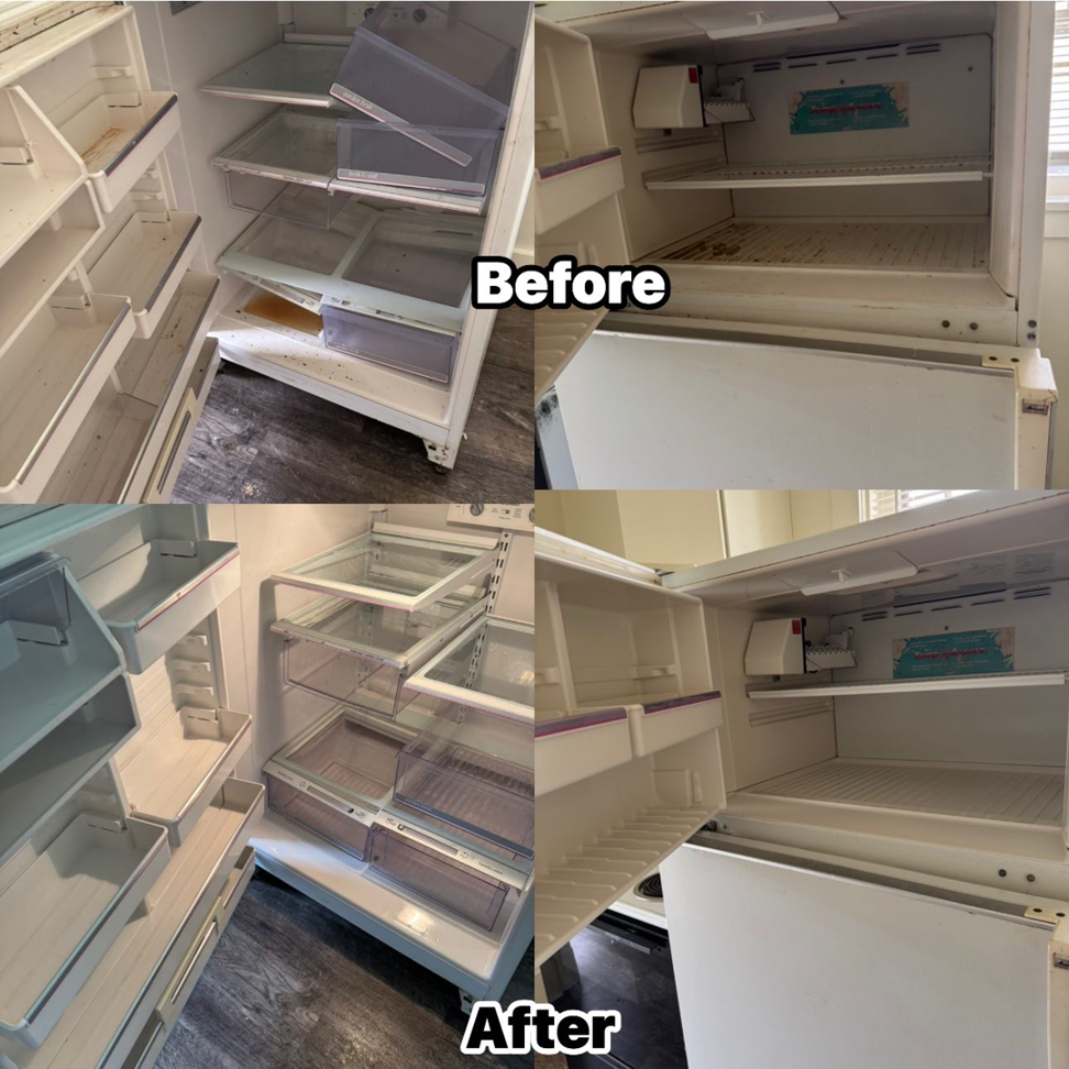 A before and after comparison of a refrigerator interior, showing it sparkling clean after service by Dream Cleaning & More in Davenport, IA.