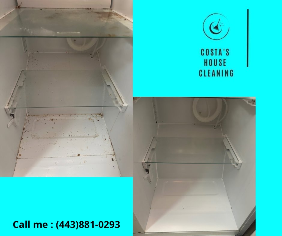 Before and after of a dirty refrigerator interior cleaned by Costa cleaning services in Salisbury, MD.