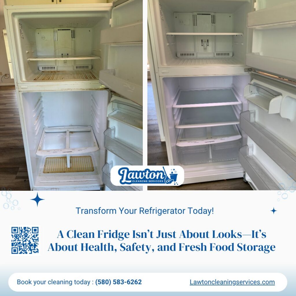 Before and after comparison of a refrigerator interior, thoroughly cleaned by Lawton Cleaning Services in Lawton, OK