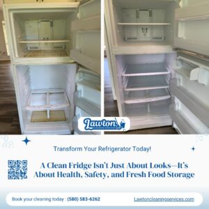 Before and after comparison of a refrigerator interior, thoroughly cleaned by Lawton Cleaning Services in Lawton, OK