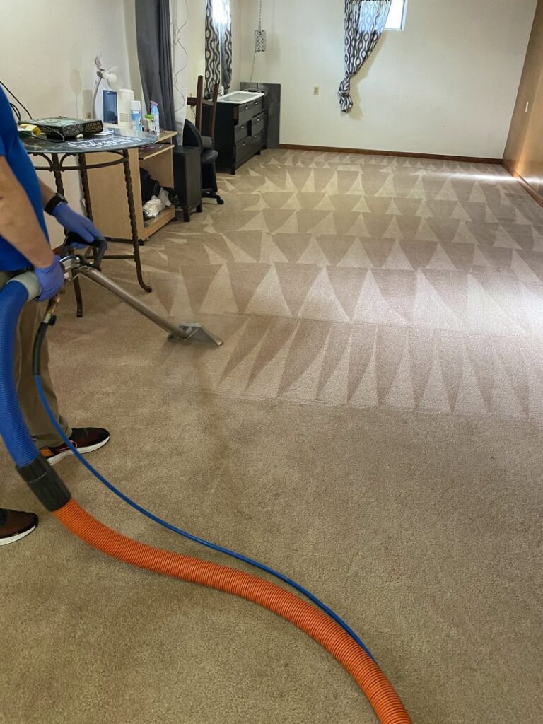 A professional performing residential carpet cleaning with a powerful machine for Happy Client Cleaning Services in Fort Collins, CO.
