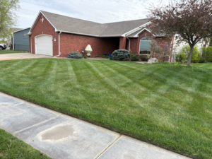 Residential front lawn with neatly mowed grass and straight stripes by EZ Cut Lawn Care & Landscaping, Crestview, FL.