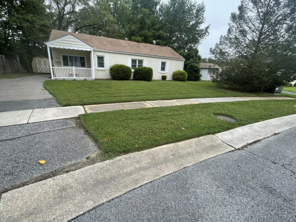 A residential lawn with a fresh cut and neat edges, demonstrating quality work by Mike's Lawn Care Service in Dover, DE.