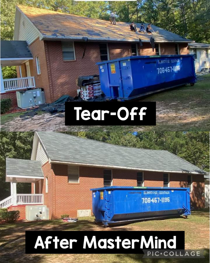 Residential roof tear-off with a debris dumpster by MasterMind Construction in Shiloh, GA.