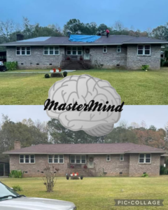 Before and after of a residential roof tear-off by MasterMind Construction in Shiloh, GA.