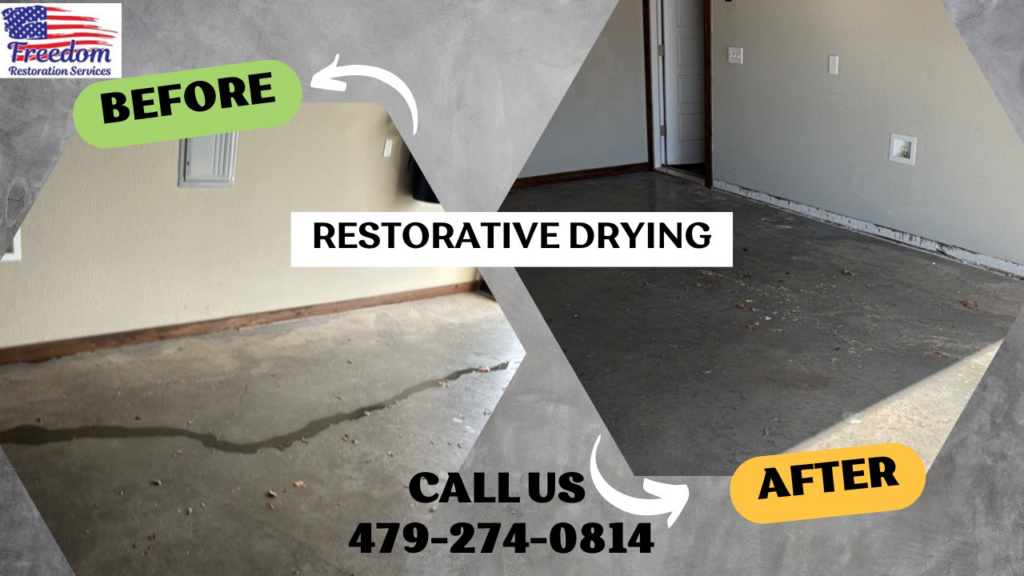 Before and after photos showing restorative drying of a concrete floor after water damage by Freedom Restoration Services of NWA in Rogers, AR.