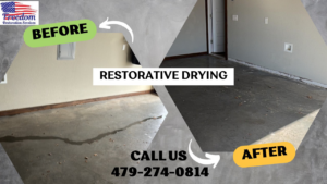Before and after photos showing restorative drying of a concrete floor after water damage by Freedom Restoration Services of NWA in Rogers, AR.
