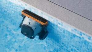 A genkinno robotic pool cleaner actively cleaning a tiled swimming pool in Dover, DE.