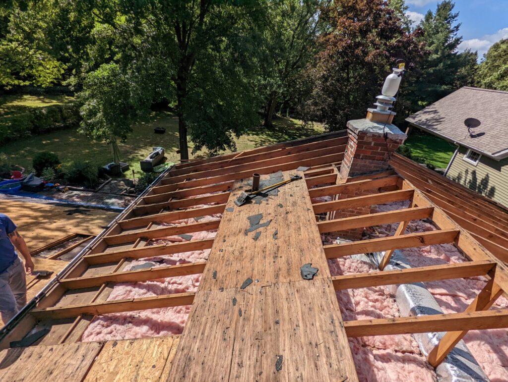 Roof structure exposed for water damage assessment and repair by Reliable Roofing & Restoration in Parma, OH.
