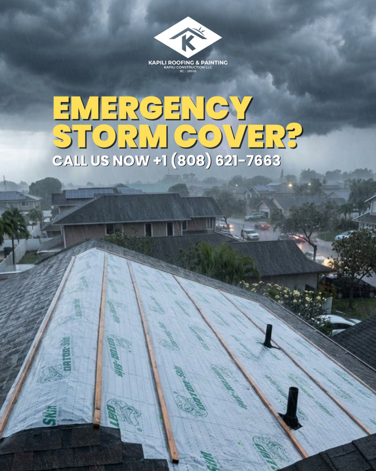 A roof with an emergency storm cover installed to prevent water damage by Kapili Roofing & Painting in Waipahu, HI.