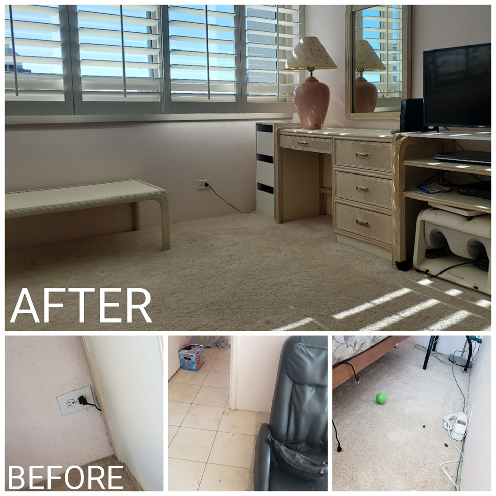Before and after comparison of a room and carpet cleaning service by Malama Nui Cleaning Services in Honolulu, HI, showing a tidy space.