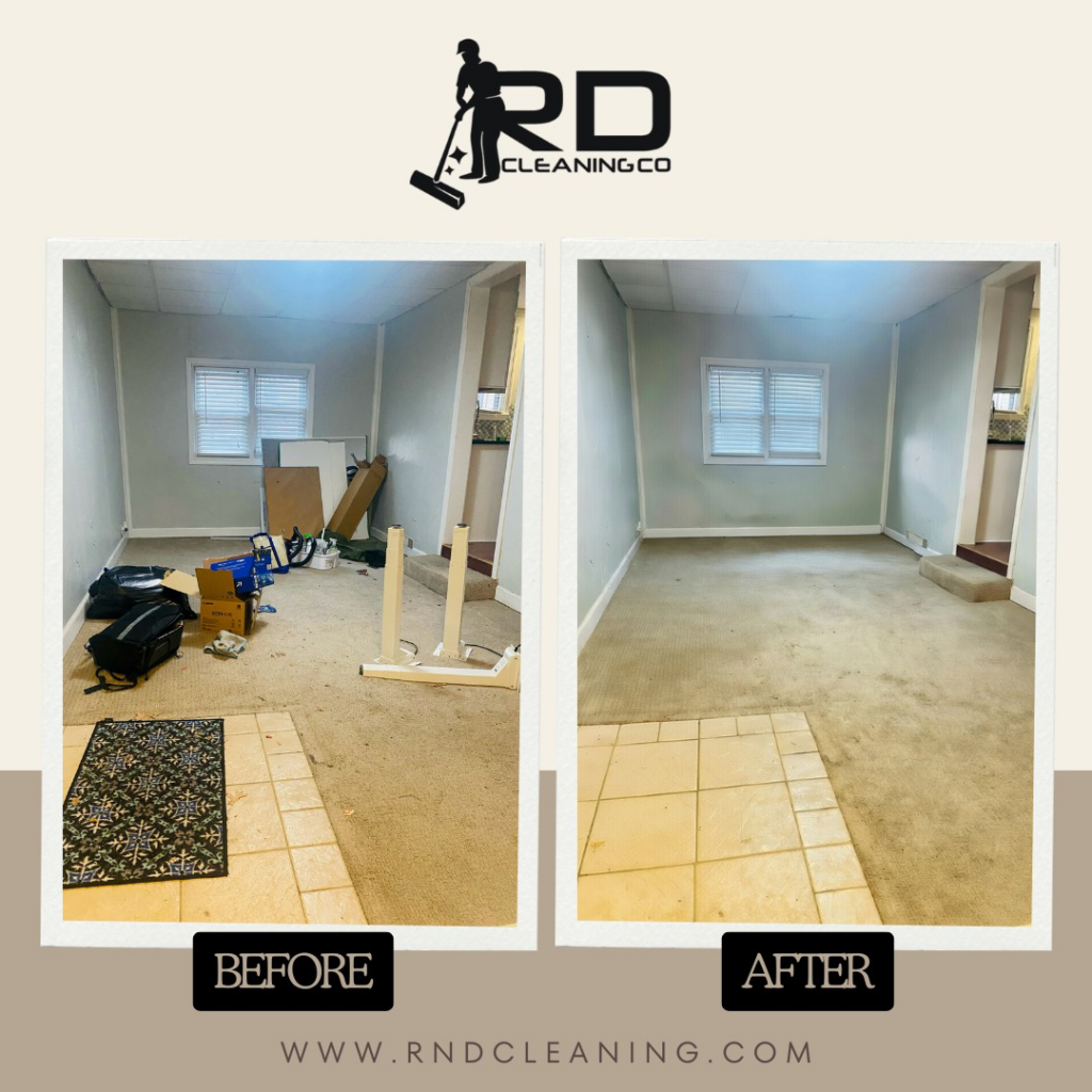 Before and after view of a room with carpet and tile floors cleaned by R&D Cleaning Co. in Rolla, MO